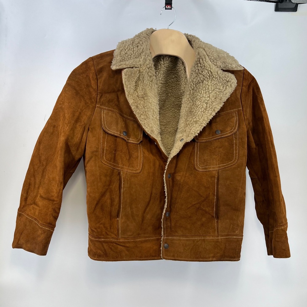 Vintage Brown Suede Sherpa Lined Western Trucker Jacket Mens Large Rancher Coat